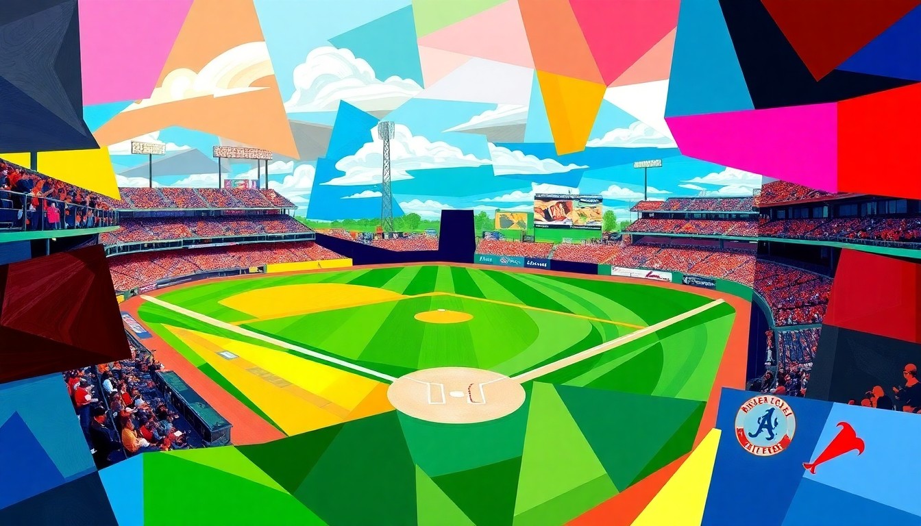 A fragmented, cubist-style painting depicting the dynamic action of a baseball game, with sharp geometric shapes and vibrant team colors representing the RiverDogs and their rivals.