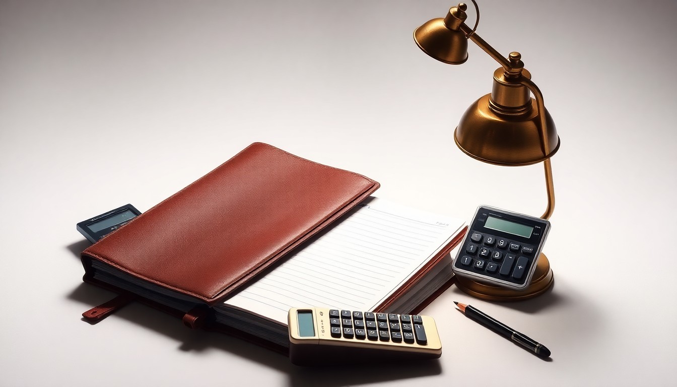 A high-end studio still life featuring premium business objects like a leather ledger, brass lamp, and metal calculator arranged elegantly on a clean background, conveying the abstract challenges of corporate strategy and finance during economic disruption.