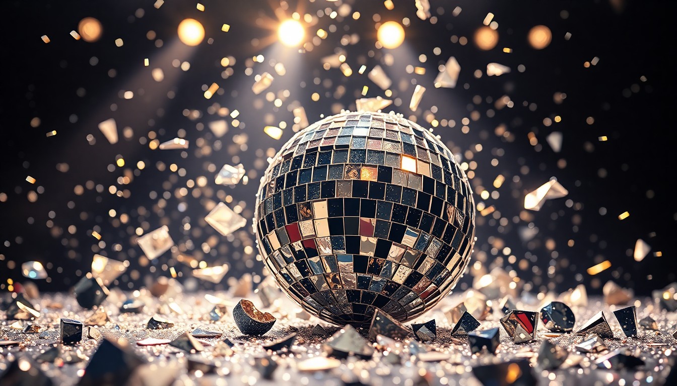 An abstract close-up image of shimmering, jagged shards of mirrored glass reflecting bright stage lights, conveying the vibrant energy of an unexpected musical performance.