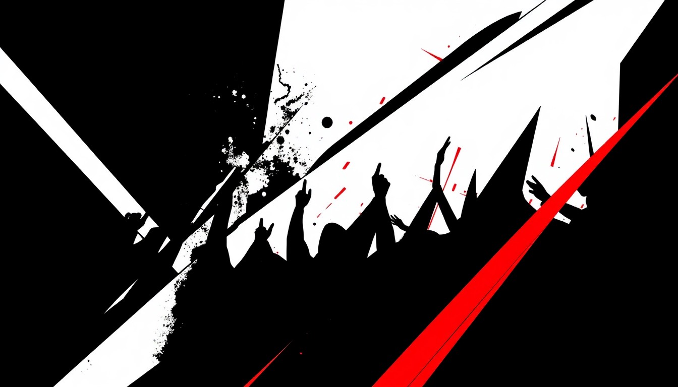 A dynamic, abstract illustration featuring bold, angular shapes in black, white, and red, conveying the high-energy atmosphere of a live music event.