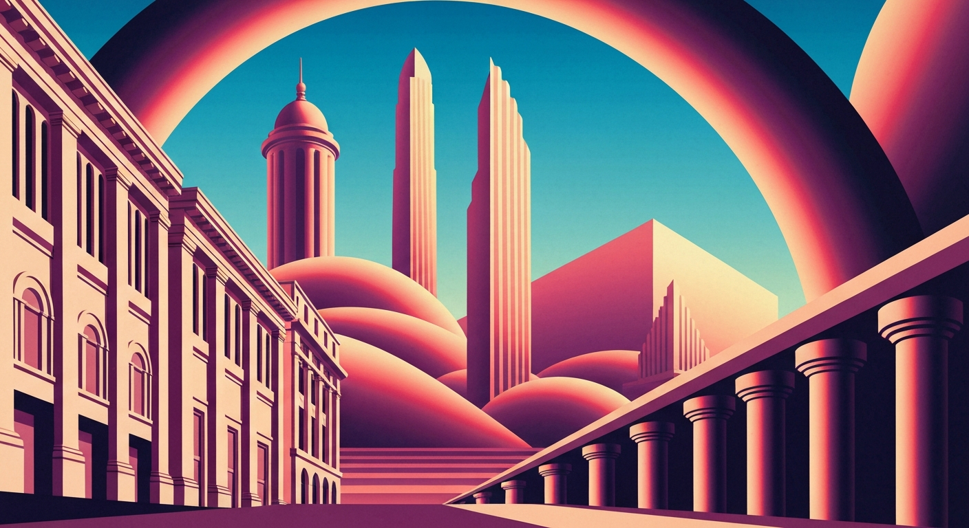 A highly stylized, geometric illustration depicting the towering, streamlined forms of a modern city skyline, rendered in bold, sweeping gradients of blues, grays, and silvers to convey a sense of grand scale and architectural monumentalism.