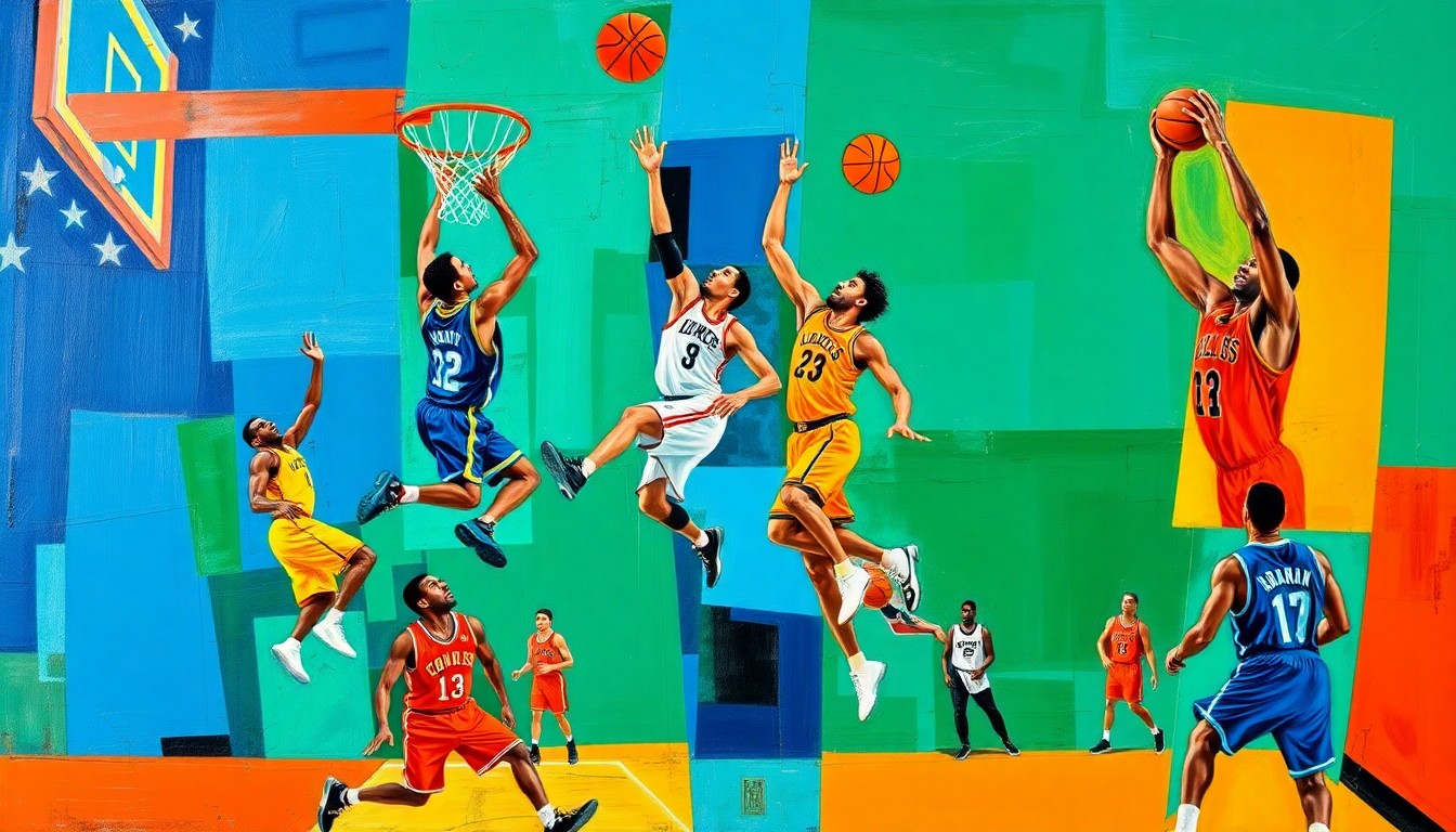 A cubist, geometric painting depicting NBA players in motion, with sharp, overlapping planes of color representing the multifaceted improvements of the league's top Most Improved Player candidates.