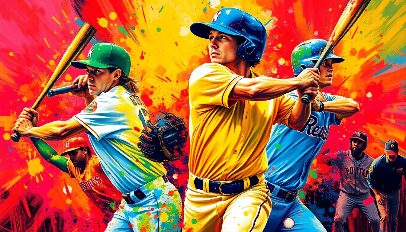 An abstract, energetic painting in neon colors depicting the dynamic movements and raw athleticism of baseball and softball players, with faces and uniforms dissolved into vibrant brushstrokes.