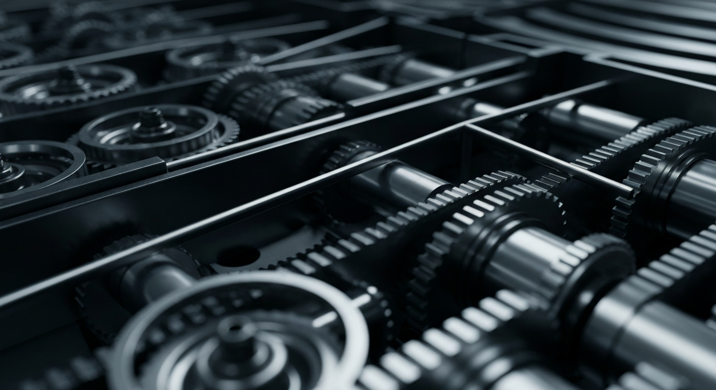 An extreme close-up of the inner workings of a complex financial trading system, with gears, circuits, and other industrial components filling the frame in a high-contrast, black-and-white style reminiscent of the photography of Margaret Bourke-White, conveying a sense of the powerful, impersonal forces underlying modern markets.