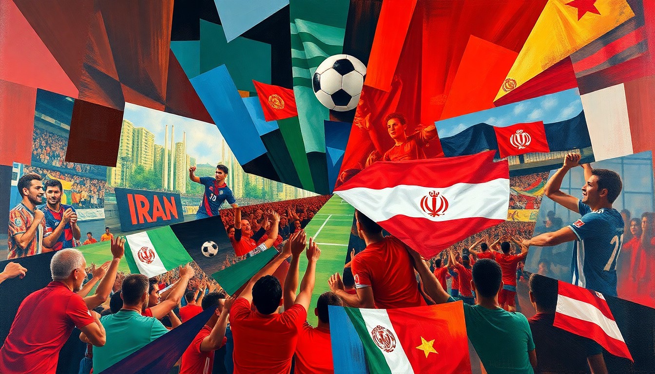 A fractured, multi-perspective painting in the style of Pablo Picasso, breaking a soccer match or competition down into sharp, overlapping geometric planes in a palette of deep reds, blues, and golds, capturing the conflicting emotions and divided loyalties of Iranian American fans.
