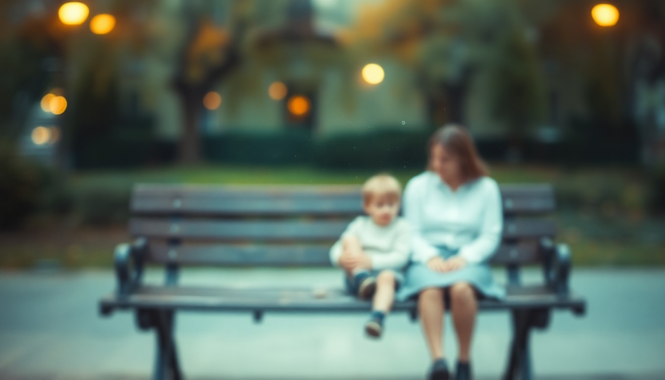 An abstract, out-of-focus scene of a parent and child sitting on a park bench, their figures blurred and indistinct, surrounded by a soft, warm glow of light, conceptually representing the value of unstructured time in modern parenting.