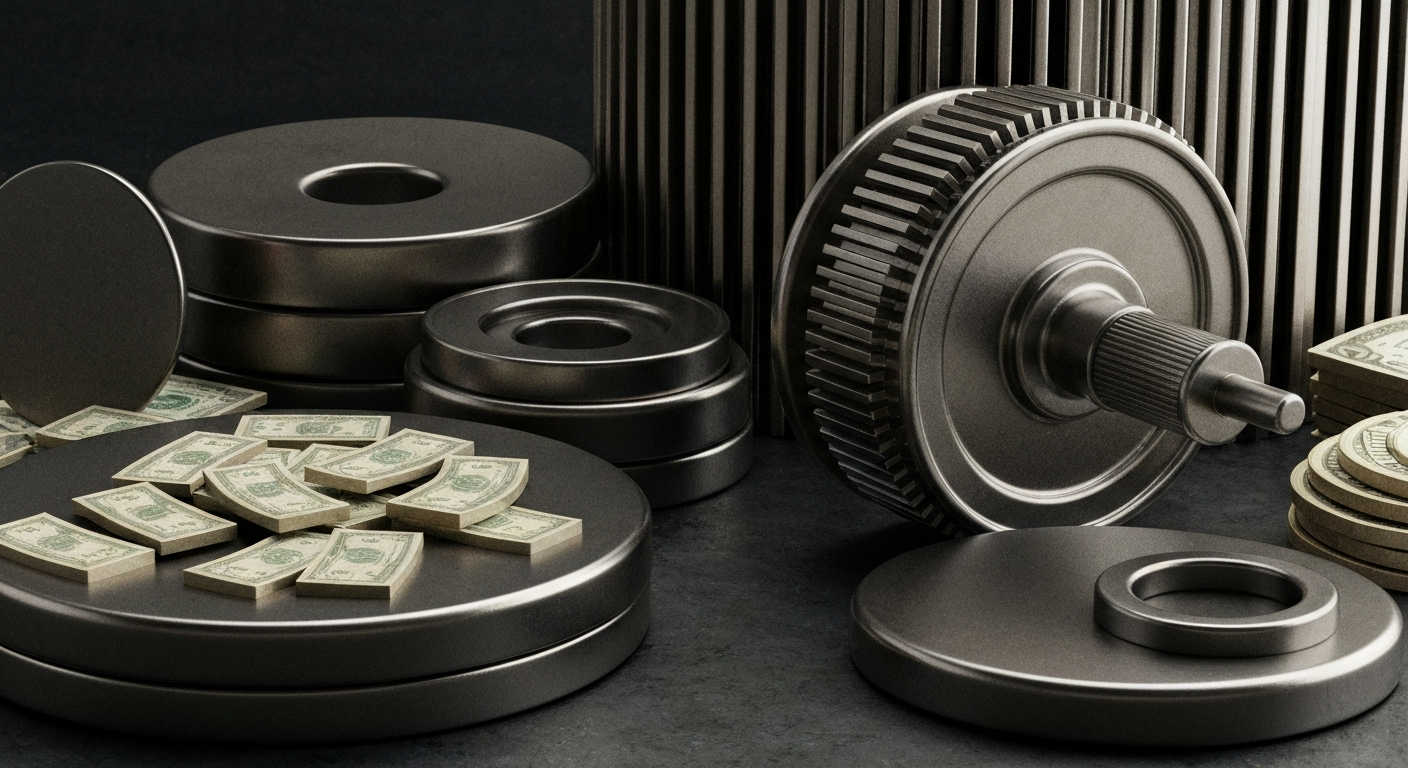 A highly detailed, black-and-white macro photograph of the inner workings of a banking vault, conveying the industrial strength and institutional gravitas of the financial sector.