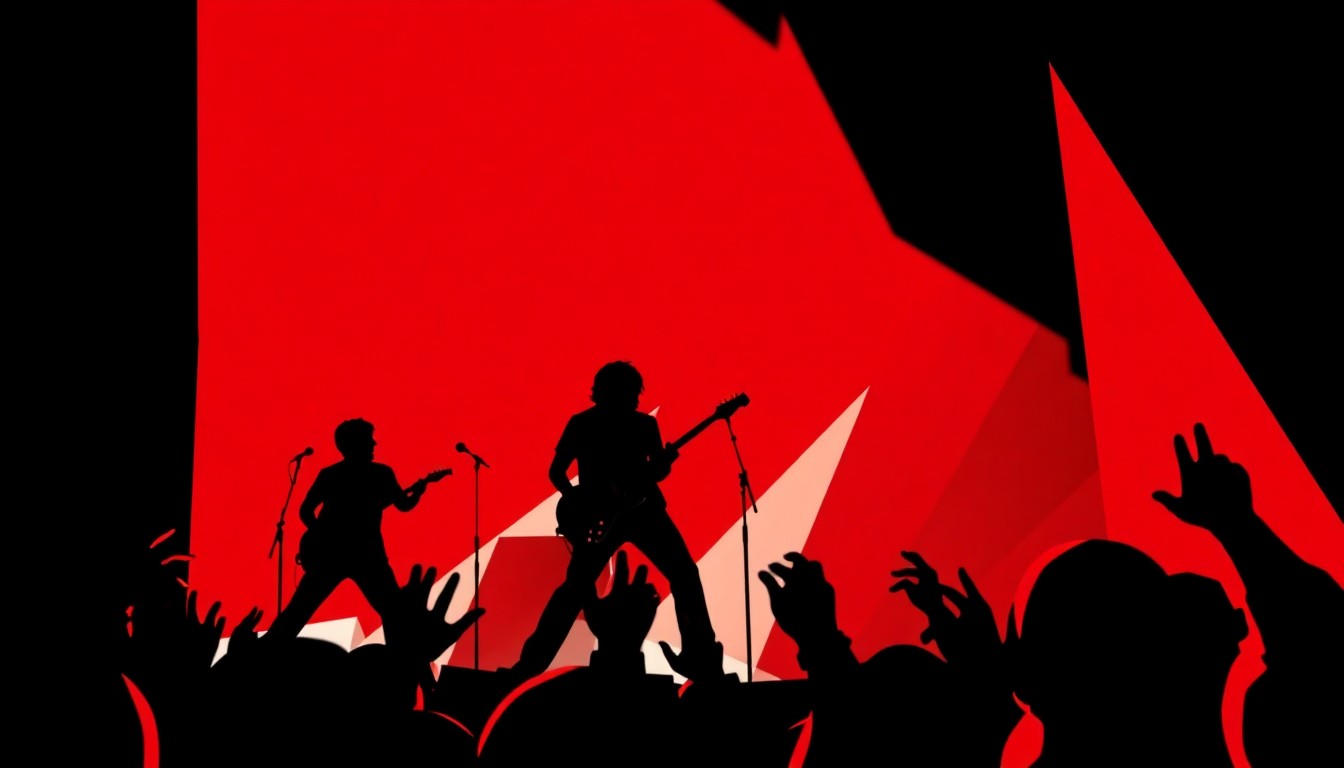 An abstract, minimalist illustration featuring bold, jagged shapes in red, black, and white, capturing the energy and spirit of a live rock performance.