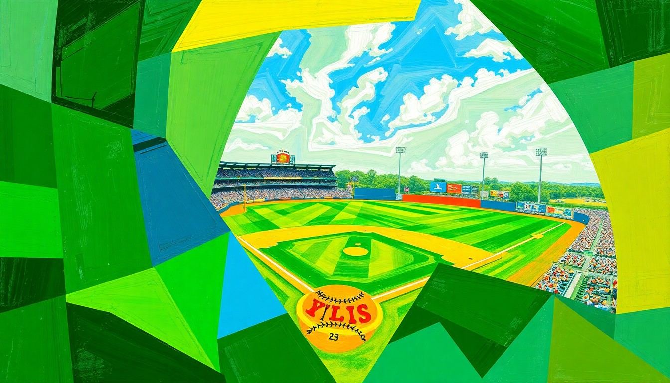 A fragmented, geometric painting in bright colors depicting the dynamic action of a high school baseball game, with players and the field broken down into overlapping planes.