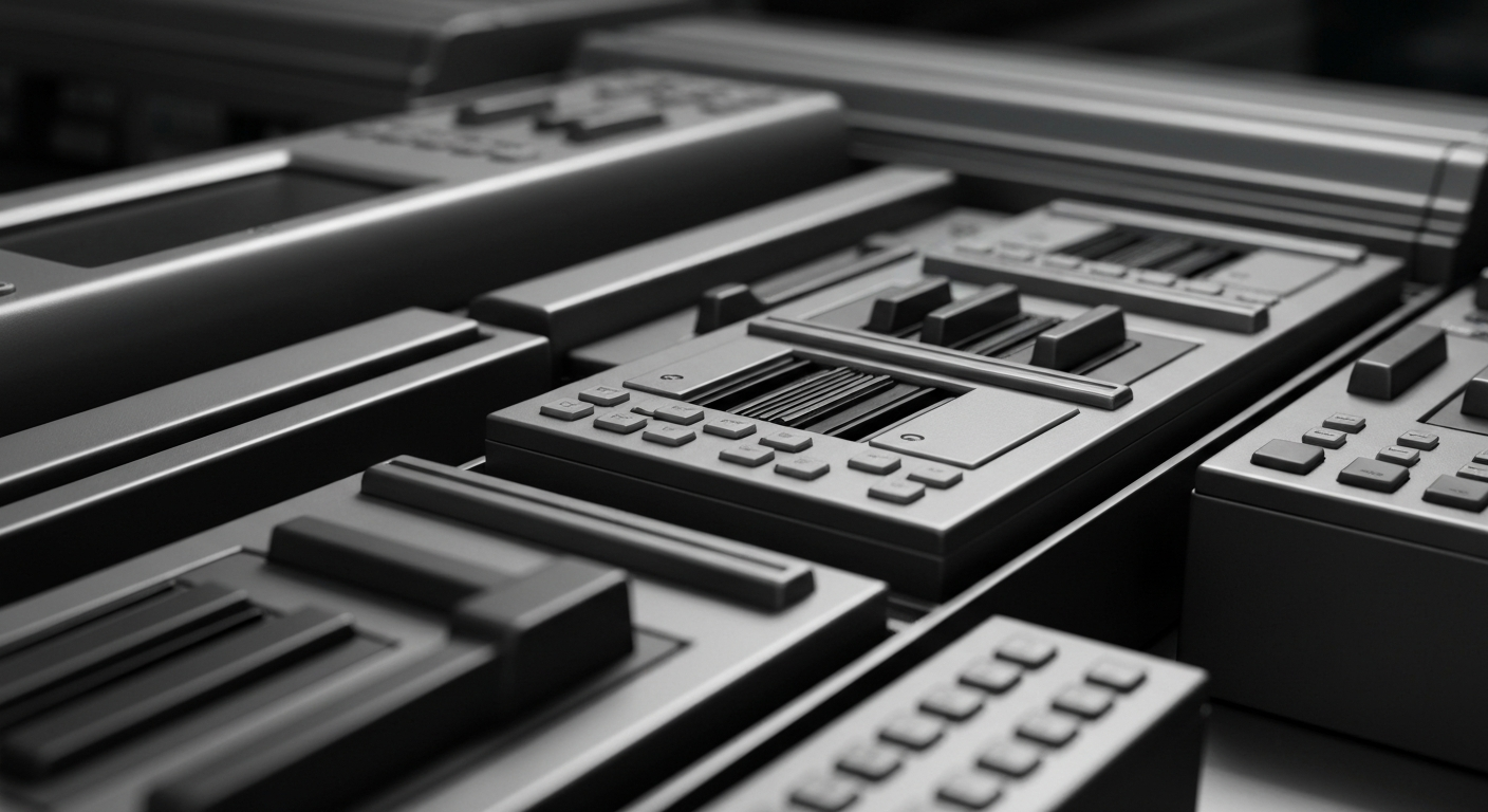 An extreme close-up of heavy, industrial banking equipment and machinery in muted tones of steel grey and black, conceptually representing the secure, institutional nature of Exxon Mobil's financial operations.