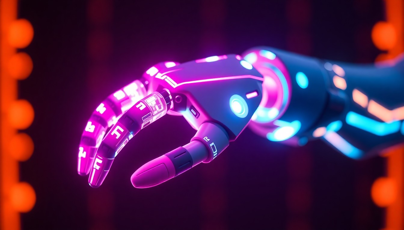 A detailed, glowing 3D illustration of a futuristic robotic arm with intricate mechanical components illuminated by vibrant neon lights, symbolizing the advanced AI-powered robotics showcased by Faraday Future at the sustainability summit.