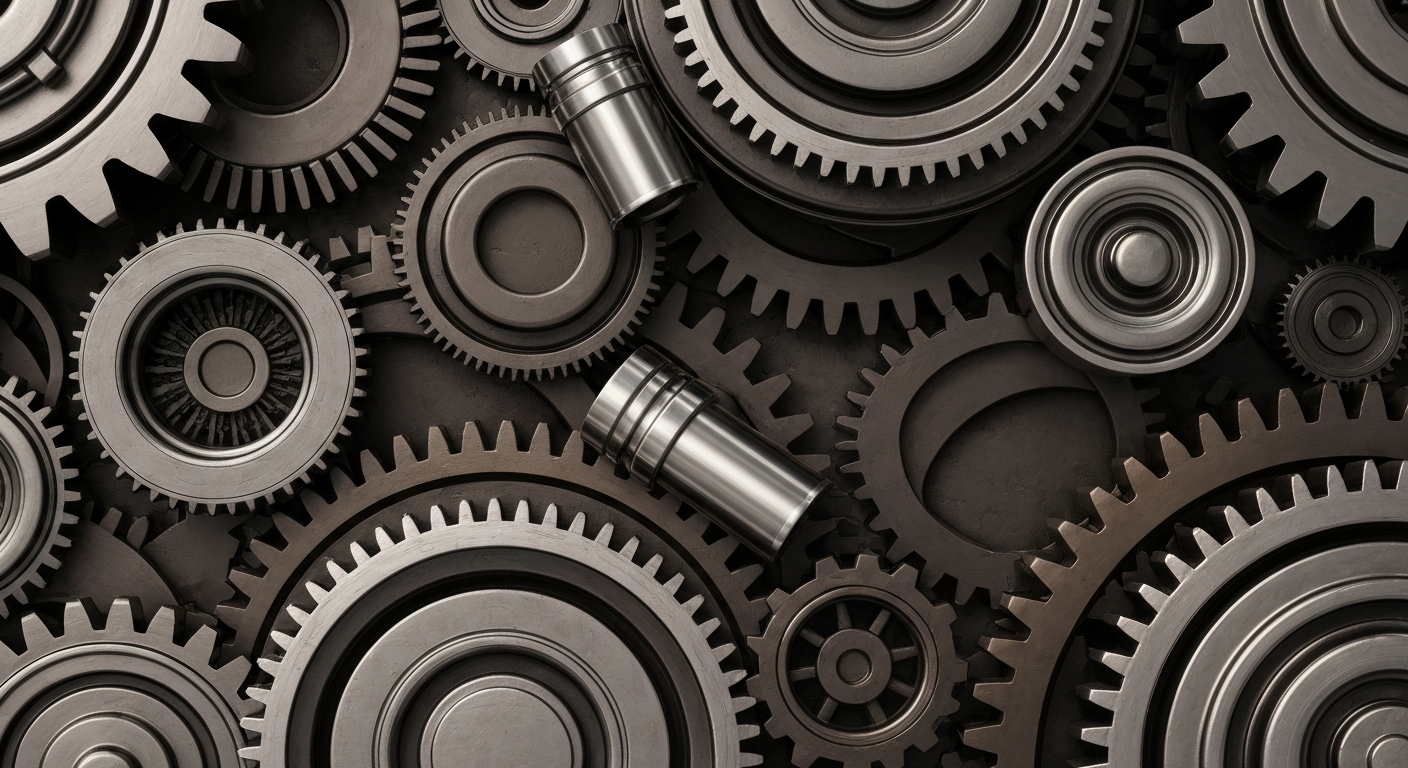 An extreme close-up of heavy, industrial machinery in shades of steel gray, bronze, and black, representing the complex financial and technological infrastructure of the energy sector.