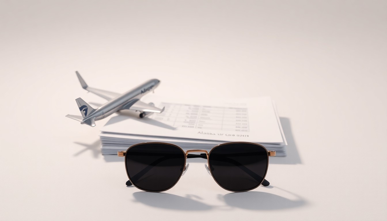 A photorealistic studio still life featuring a polished metal airplane model, financial documents, and aviator sunglasses arranged elegantly on a clean white background, conveying the abstract corporate strategy and financial performance of Alaska Air Group.