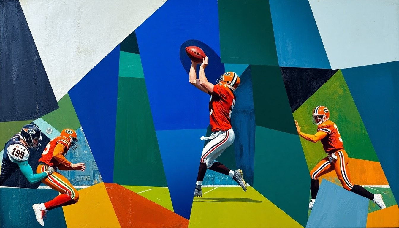 A cubist, geometric painting depicting a football player in motion, with sharp planes of color overlapping to create a dynamic, fragmented visual representation of the sport.