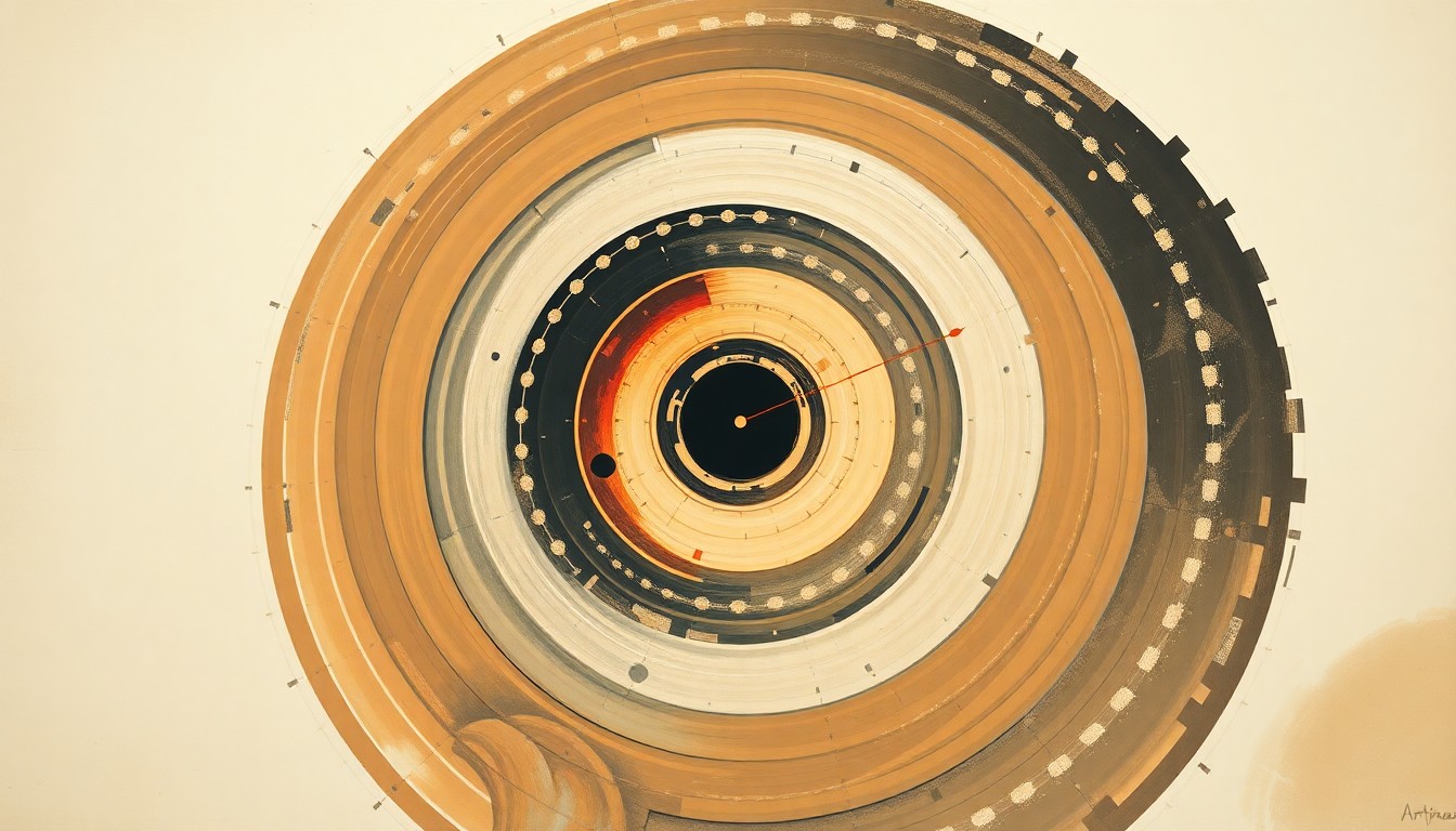 An abstract painting in the style of Hilma af Klint, featuring sweeping geometric arcs, concentric circles, and precise botanical spirals in earthy tones, representing the complex forces and engineering of the Artemis 2 rocket launch.