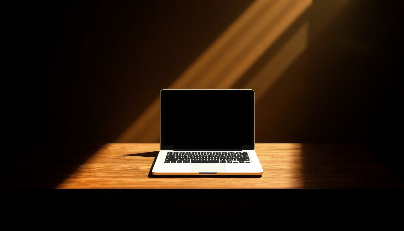 A close-up view of a laptop computer sitting alone on a wooden desk, the screen and keyboard partially obscured by dramatic shadows and highlights, conveying a sense of the serious, investigative work being done to protect vulnerable youth.