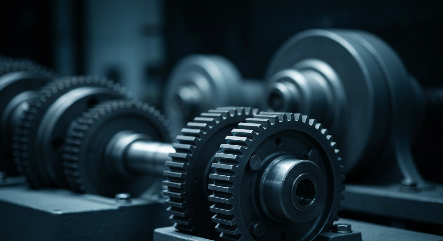 An extreme close-up of intricate, industrial-looking banking machinery and gears, conveying the idea of complex financial transactions and infrastructure without using literal currency or charts.