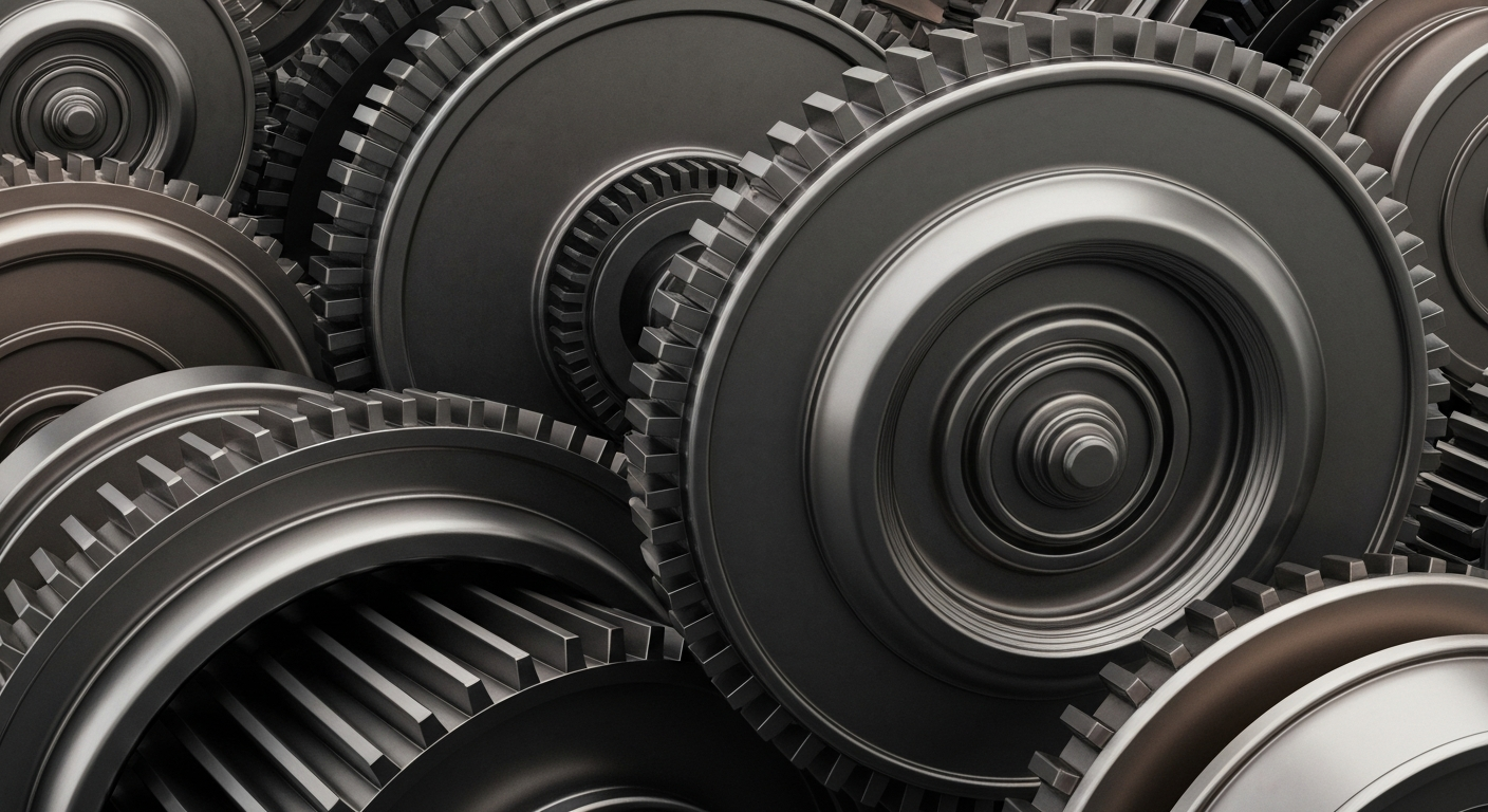 An extreme close-up of intricate, heavy industrial machinery in shades of steel grey, bronze, and black, conceptually representing the tangible financial infrastructure and institutional power of the oil and gas industry.