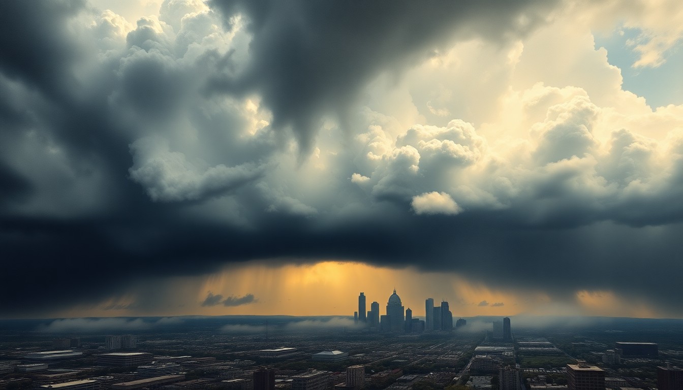 A sweeping, atmospheric landscape painting in muted tones of grey, blue, and green, with the silhouette of a city skyline partially obscured by heavy, dramatic clouds, conveying the sense of an impending storm system.