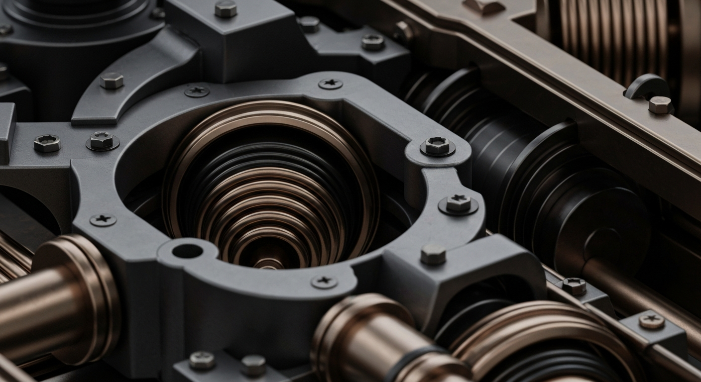 An extreme close-up of complex, interlocking gears and levers in a banking vault, conveying the secure, industrial nature of financial institutions.