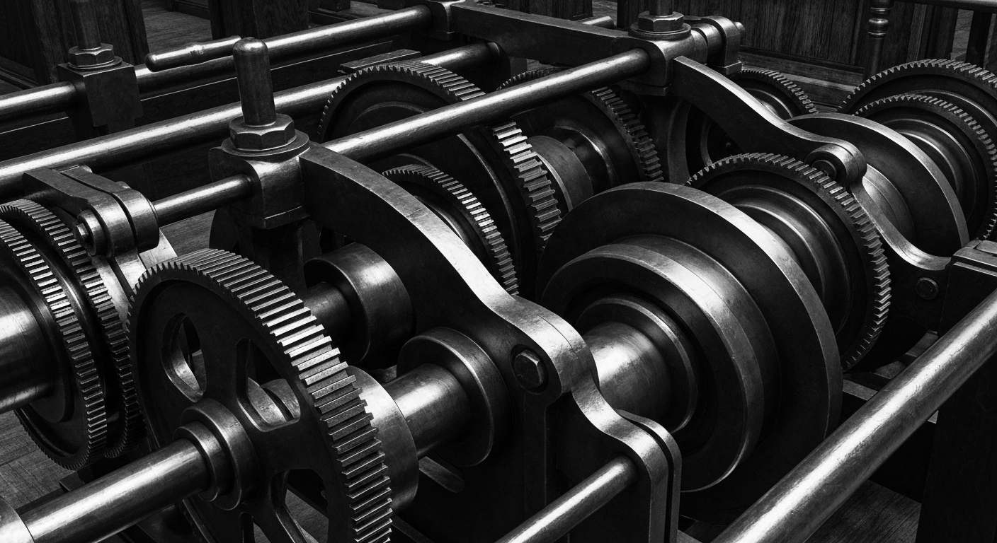 A high-contrast, cinematic close-up of the intricate mechanical components that make up the inner workings of a financial institution, conveying a sense of the heavy, tangible nature of the banking and insurance industries.