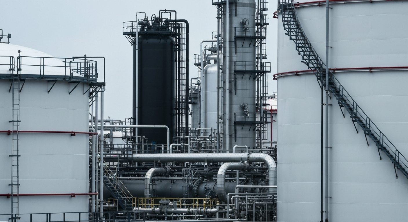 An extreme close-up of the intricate machinery and equipment that makes up an industrial oil refinery, conveying the complex, high-stakes nature of the energy industry.