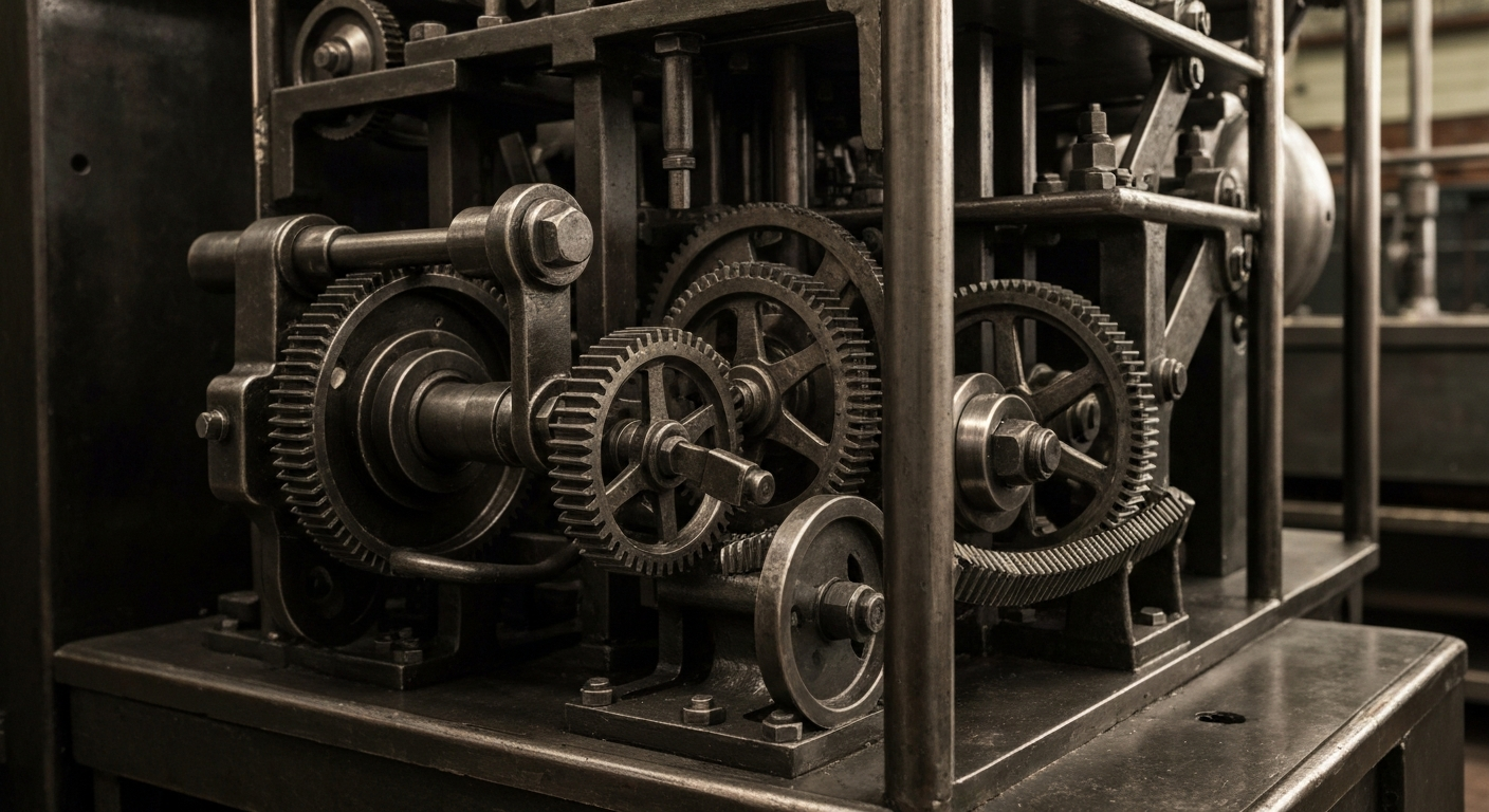 An extreme close-up of intricately designed, polished metal gears and machinery, conceptually representing the institutional power and financial security of the banking industry.