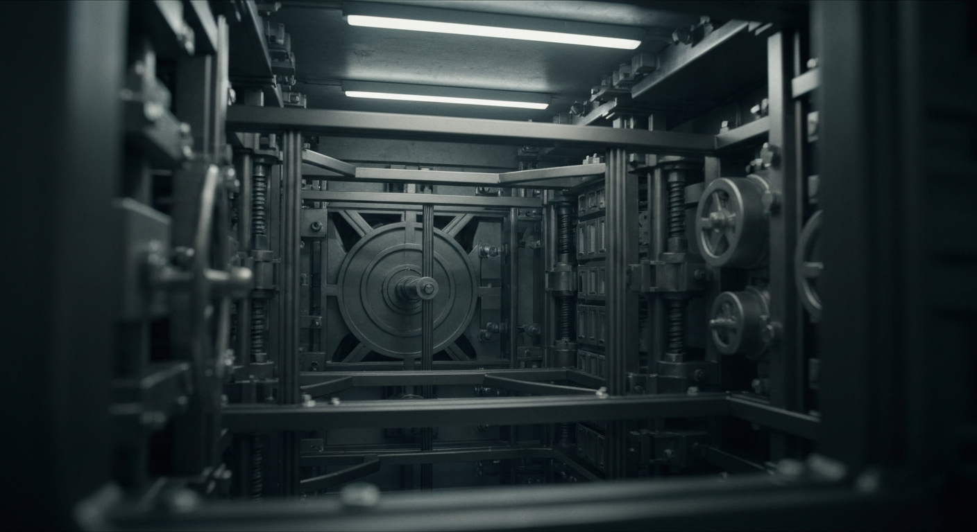 An extreme close-up of the heavy, intricate machinery and security systems inside a European bank vault, conveying a sense of institutional strength and the tangible nature of wealth storage.