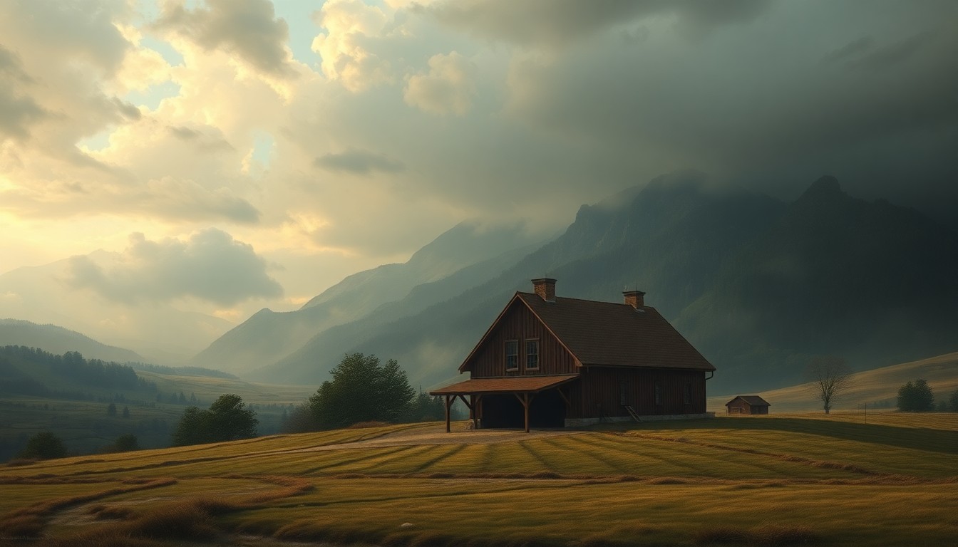 A sweeping, atmospheric landscape painting depicting a small, isolated fire station nestled within a vast, rugged countryside, conveying the overwhelming scale of the natural environment and the difficulty of maintaining emergency services in remote rural areas.