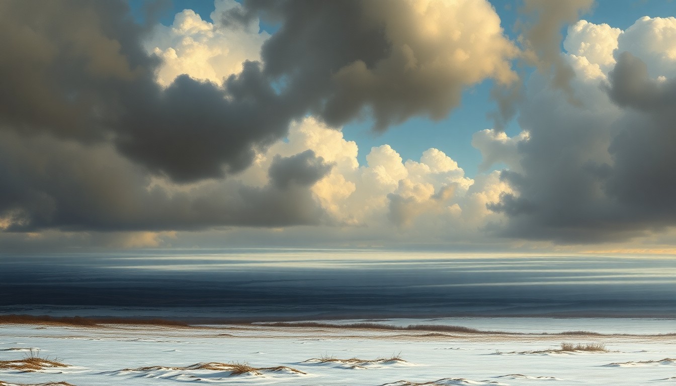 A sweeping, atmospheric landscape painting in muted tones of gray, white, and blue, depicting a vast, frozen field under a dramatic, cloudy sky. The scene conveys the overwhelming scale and power of the natural world, with the frozen ground and distant horizon dwarfing any small structures or objects.