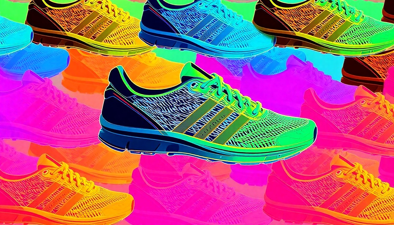 A bold, colorful silkscreen-style illustration of a running shoe repeated in a grid pattern, representing the athletic spirit of the Autism Run/Walk event.