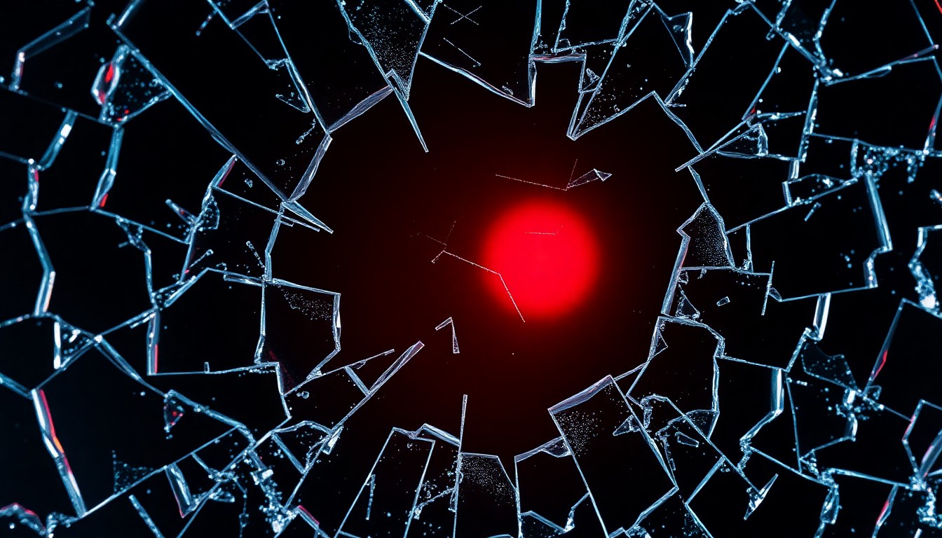 An abstract close-up photograph of shattered glass reflecting a faint red light, conveying the fragility and uncertainty of celebrity culture.