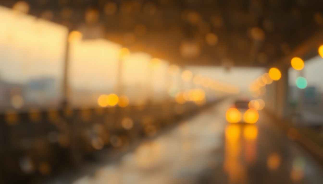 An abstract, impressionistic photograph composed of soft, blurred brushstrokes of warm yellow, orange, and blue light, conveying the hazy, atmospheric setting of a small-town infrastructure project.
