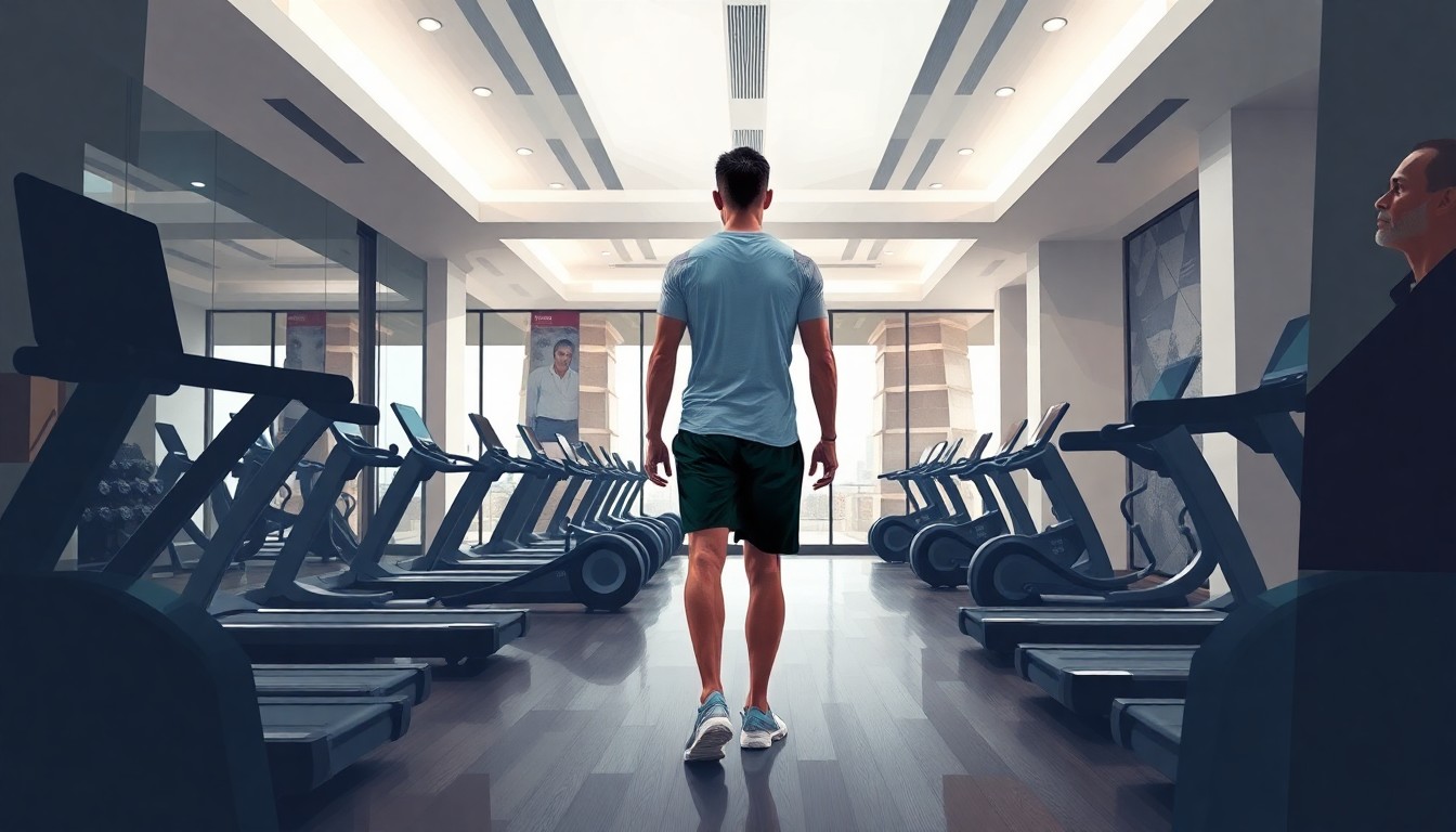 A fractured, abstract painting of a person in workout clothes walking through a modern gym, with overlapping geometric shapes and waves of color representing the tension between the Iranian official's son's privileged life in the U.S. and the oppression in Iran.