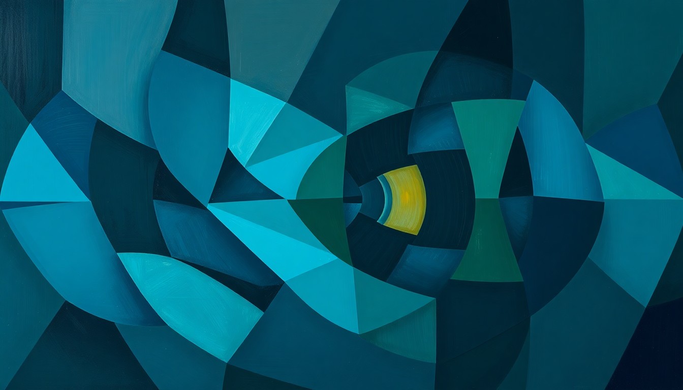 A dynamic, abstract painting composed of overlapping, fractured geometric shapes in shades of blue, green, and gray, conceptually representing the complex and opaque nature of Iran's nuclear ambitions.