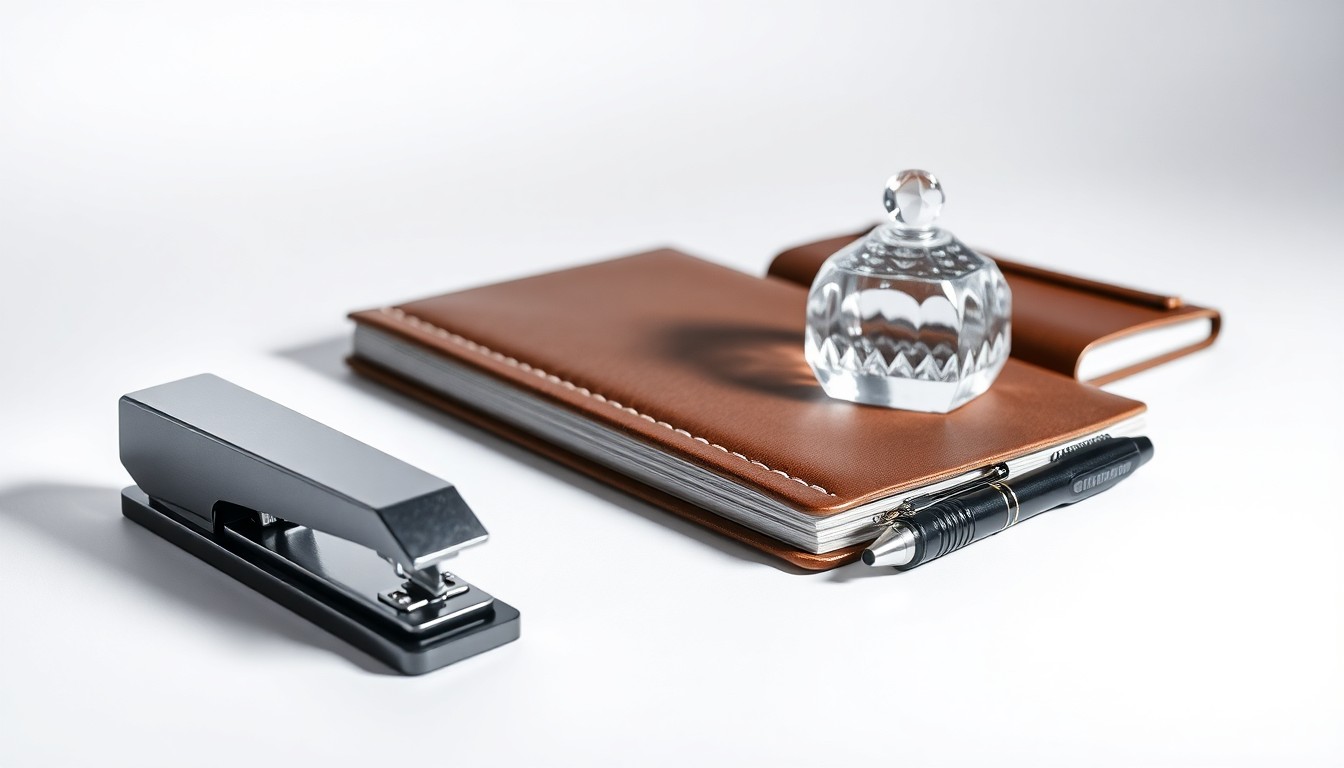 A high-end studio still life photograph featuring a collection of premium business objects like a metal stapler, glass paperweight, and leather-bound notebook arranged elegantly on a clean, monochromatic background, conceptually representing the financial challenges facing local enterprises during the Bridge Street construction project.