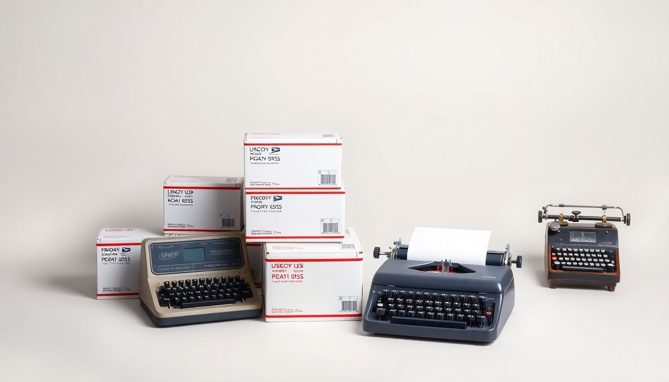 A high-end, photorealistic studio still-life photograph featuring a stack of USPS Priority Mail boxes, a postal scale, and a vintage typewriter on a clean, monochromatic background, conceptually representing the USPS's new presence in the former pottery store space.