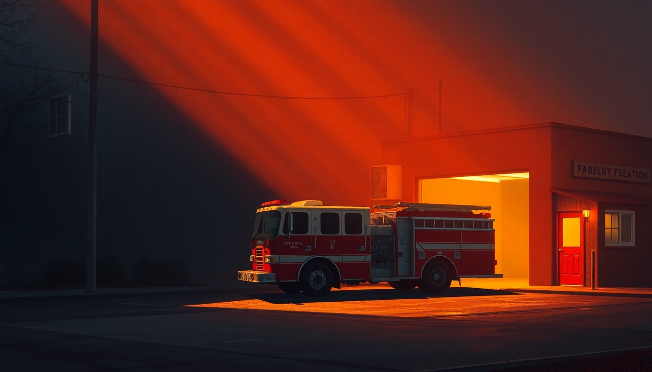 A serene, textured oil painting depicting a lone fire engine parked outside a small-town fire station, the vehicle and building bathed in warm, dramatic lighting that casts deep shadows, conceptually representing the importance of reliable public safety services in a local community.