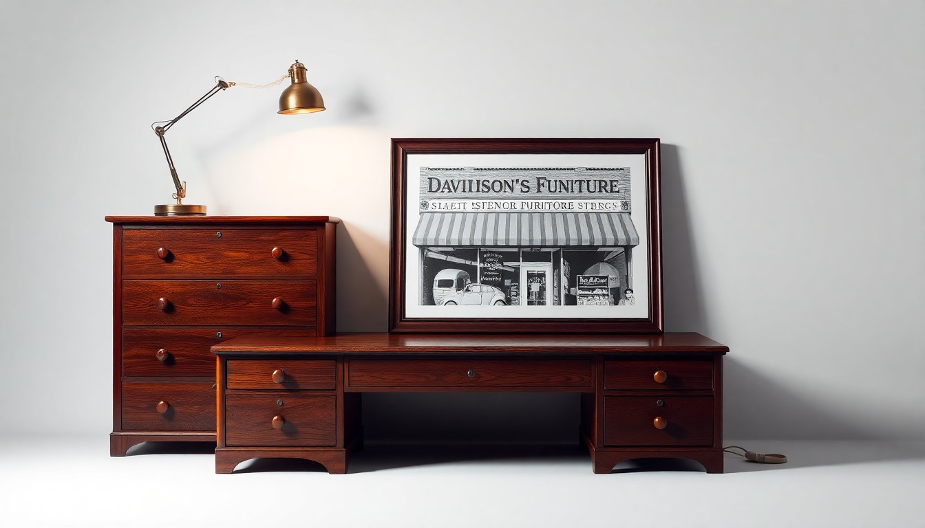 A minimalist studio still life photograph featuring a polished wooden desk, a vintage desk lamp, and a framed black-and-white photograph, conceptually representing the enduring legacy of the Davidson's Furniture store in Hornell, New York.