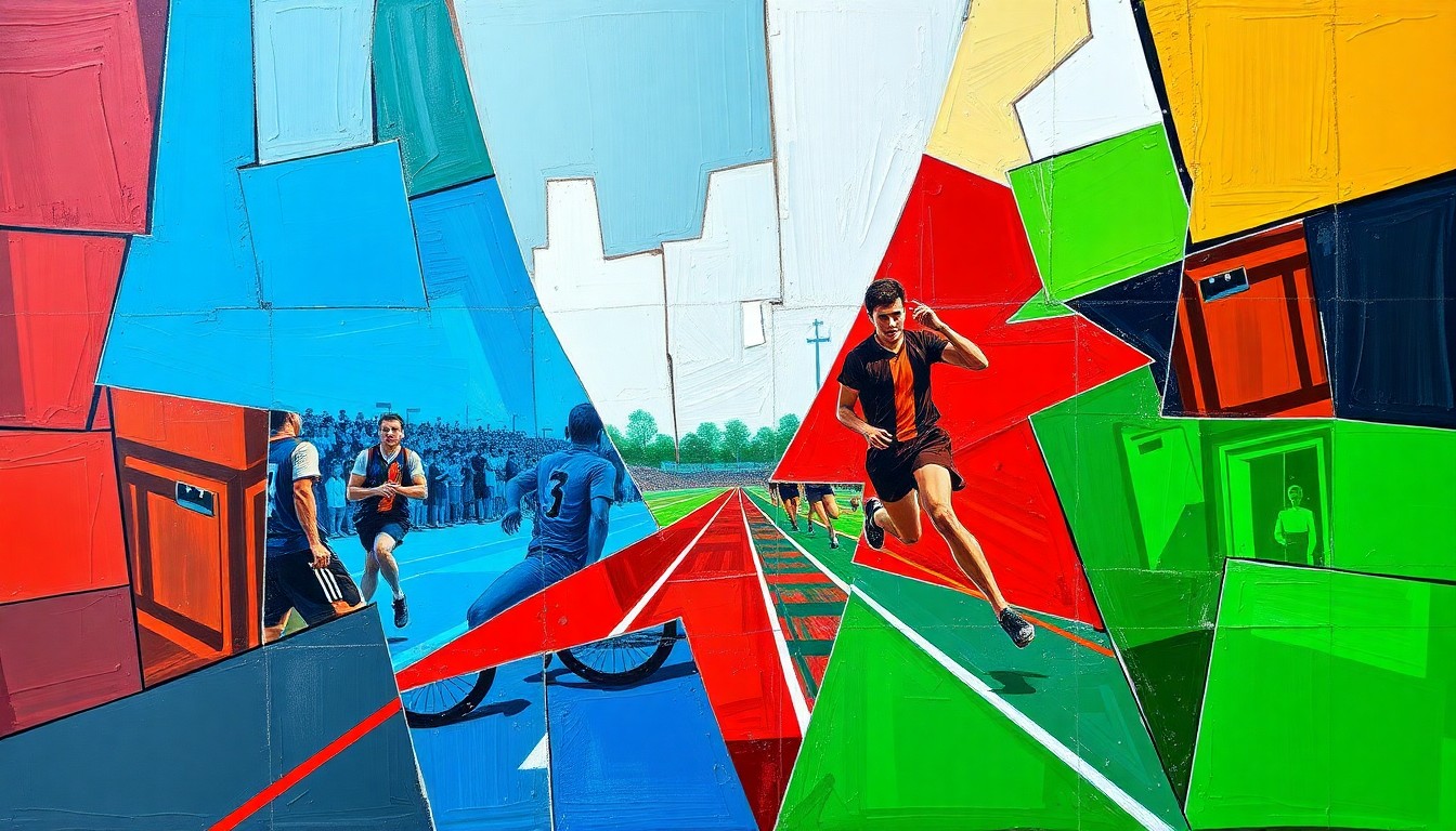 A fractured, multi-perspective painting in bold, overlapping geometric shapes and planes of red, blue, and green, conceptually representing the dynamic action and team rivalries of a high school track and field competition.