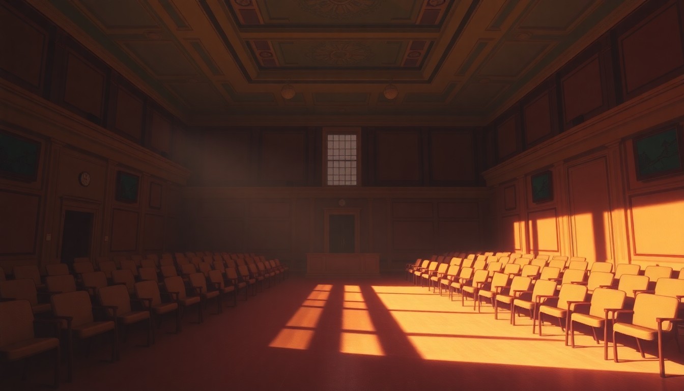 A dimly lit, cinematic painting of an empty county council chamber, with warm sunlight streaming through the windows and deep shadows covering the desks and chairs, conceptually representing the lack of transparency and public trust in local government.