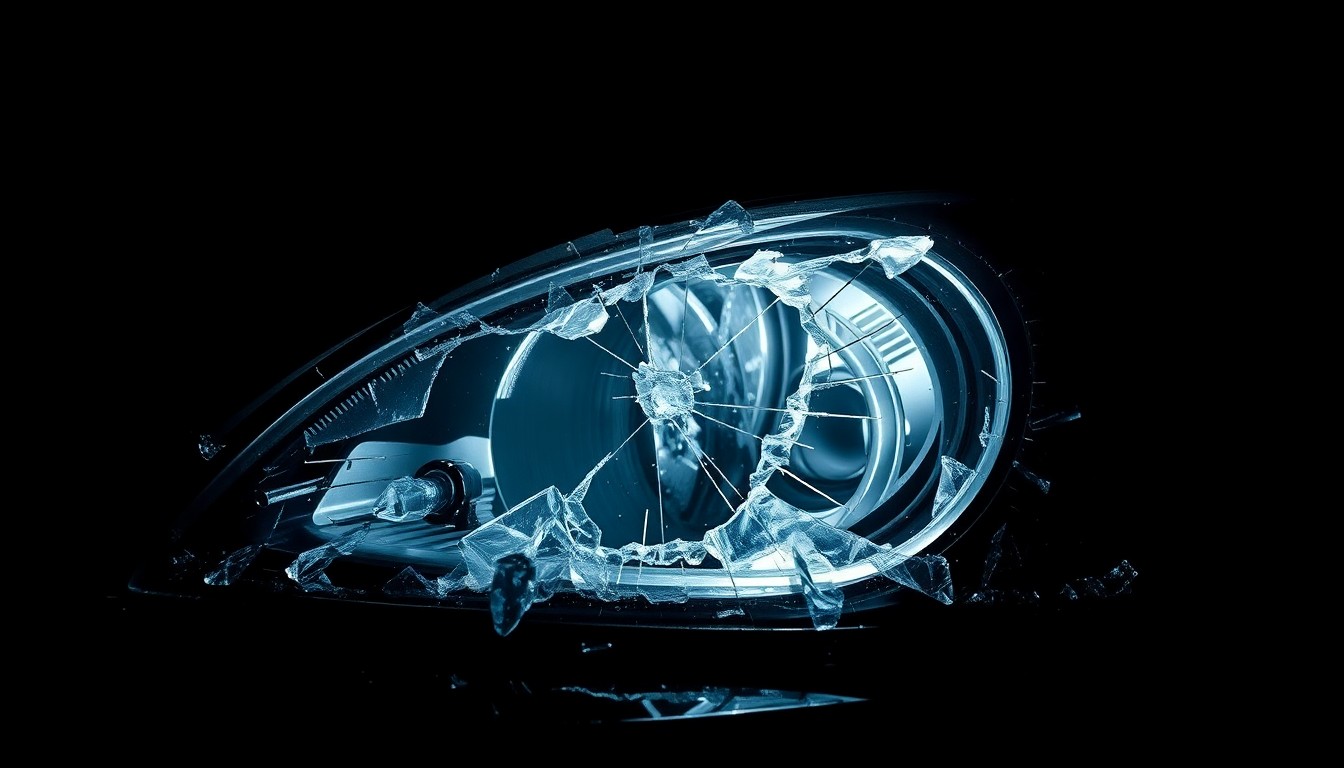 An extreme close-up photograph of a shattered car headlight lens reflecting a harsh, direct camera flash, conceptually illustrating the violent aftermath of a traffic collision.