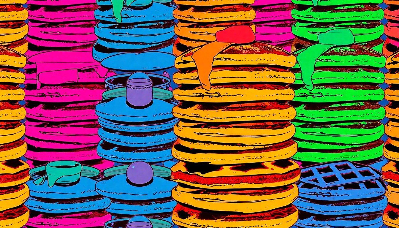 A highly stylized, pop art-inspired illustration featuring a repeating grid of brightly colored, abstracted brunch items like pancakes, waffles, and fruit, conceptually representing the fun, energetic vibe of the new Local on Dexter restaurant.