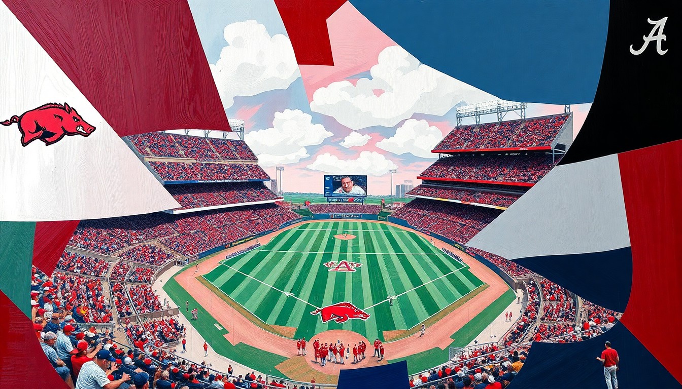 A cubist, geometric painting depicting the dynamic action of a college baseball game, with overlapping planes of red, white, and crimson representing the competing teams.