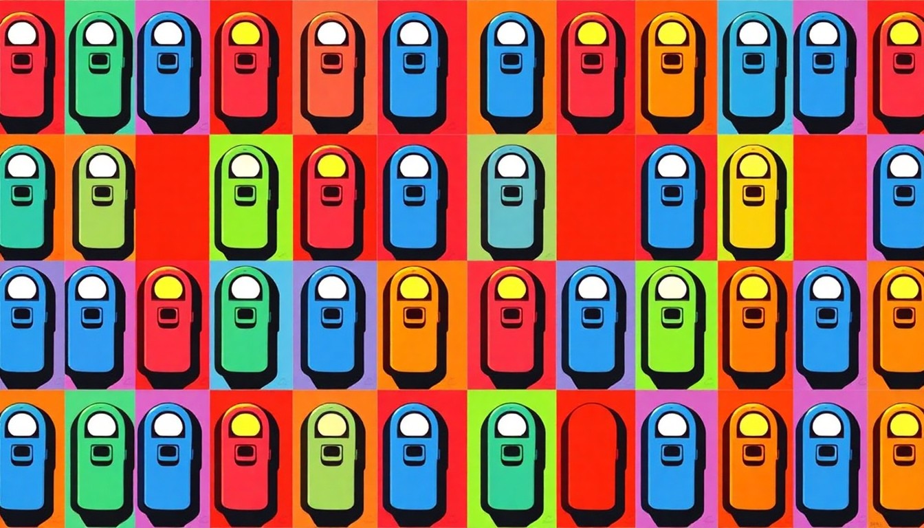 A highly stylized, abstract illustration of a parking meter icon repeated in a grid pattern, using bold, neon-bright colors and heavy black outlines to conceptually represent the parking incentives for the new Gateway Park.
