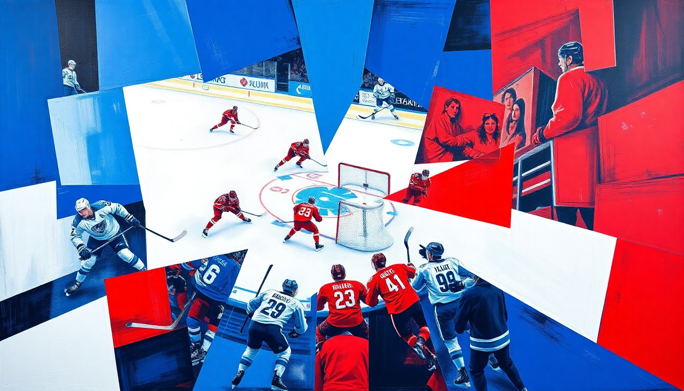 A cubist, geometric painting depicting an NHL hockey game, with sharp, overlapping planes of blue, red, and white colors representing the intensity of the playoff race.