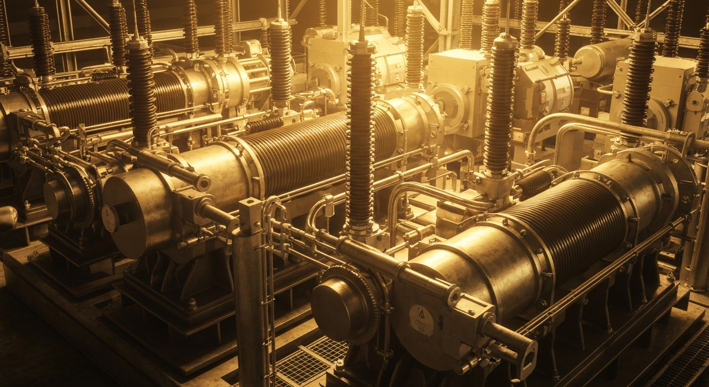 An extreme close-up of gleaming metal gears, pipes, and electrical panels, conveying the industrial might and reliability of a major power utility company.