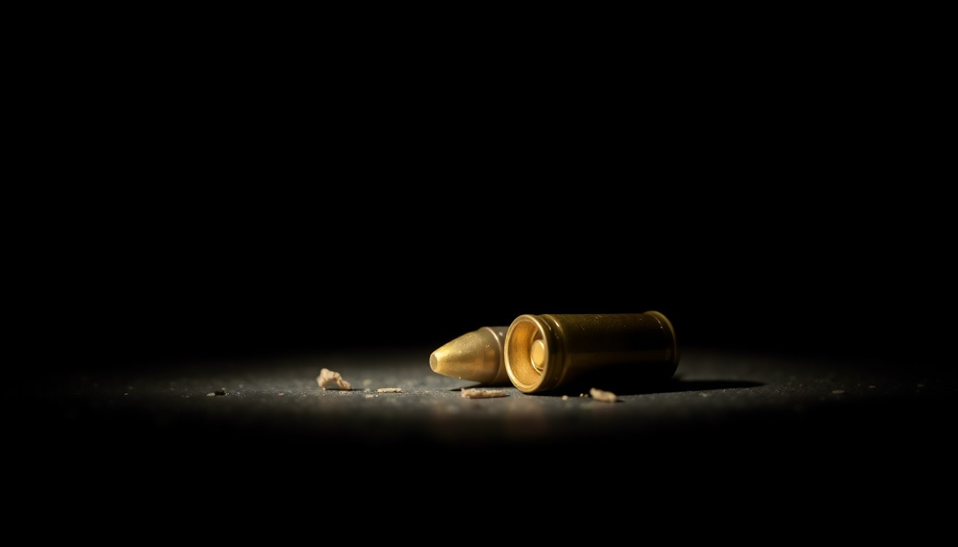 An extreme close-up photograph of a spent bullet casing on the ground, lit by a harsh, direct camera flash against a pitch-black background, conveying the gritty, investigative nature of this crime scene.