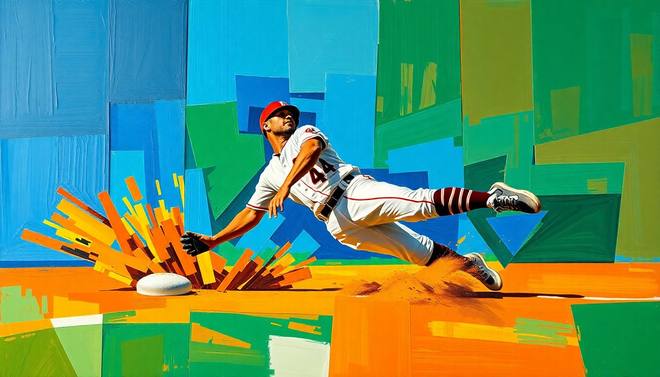 A fragmented, cubist-style painting depicting a baseball player sliding into second base, with the player's body and the base broken down into sharp, overlapping geometric shapes in a vibrant color palette, conveying the sudden disruption of Arias' breakout season.