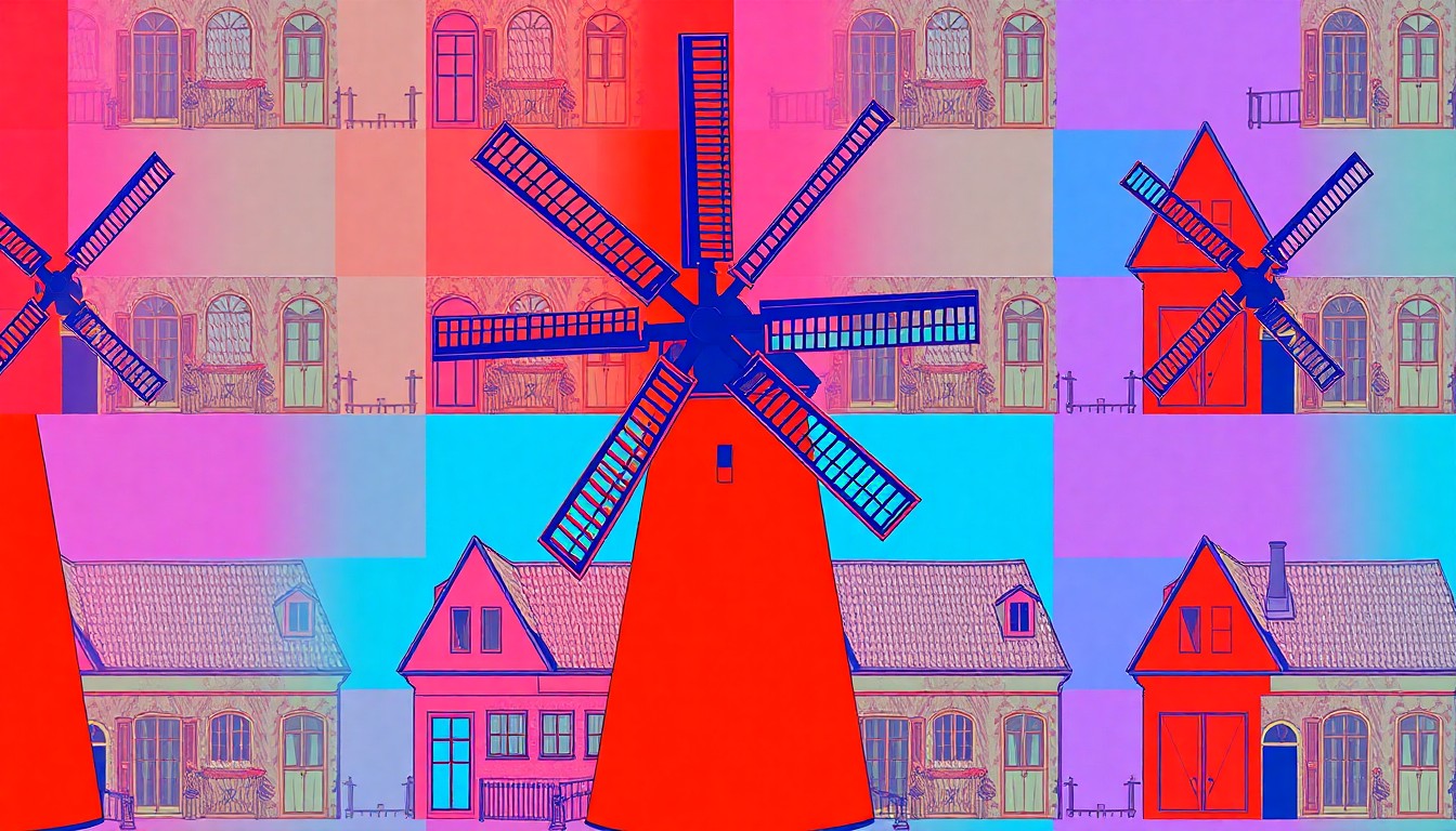 A bold, colorful silkscreen print featuring a repeated pattern of a traditional Dutch-style building facade in shades of bright orange, yellow, and blue, conceptually representing the unique cultural identity of Orange City, Iowa.